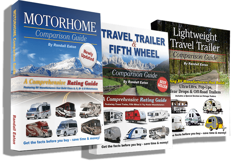Motorhome comparison guide, travel trailer comparison guide, and lightweight travel trailer guide shown together